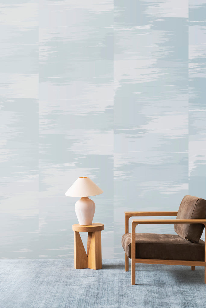 Mirage metallic grasscloth, Daydream Blue colour. Emma Hayes designer wallpaper