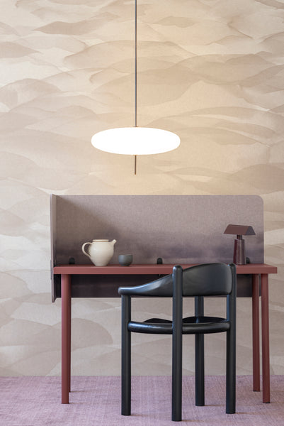 Dune Acoustic wall panels in air and Wash vicinity screen in dusk. Emma Hayes x Autex Acoustics®. 